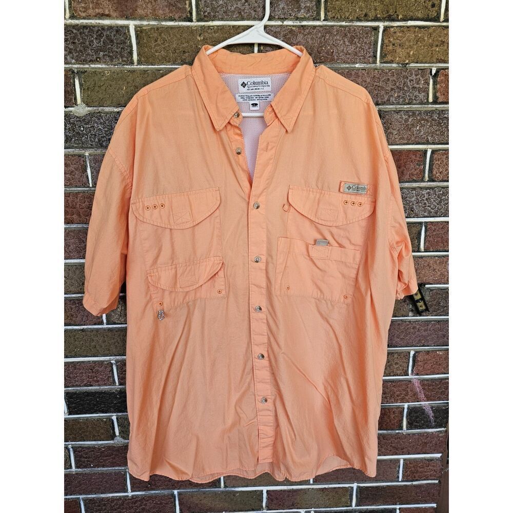 Columbia PFG Shirt Men Large Orange Short Sleeve Button‎ Down Solid Vented